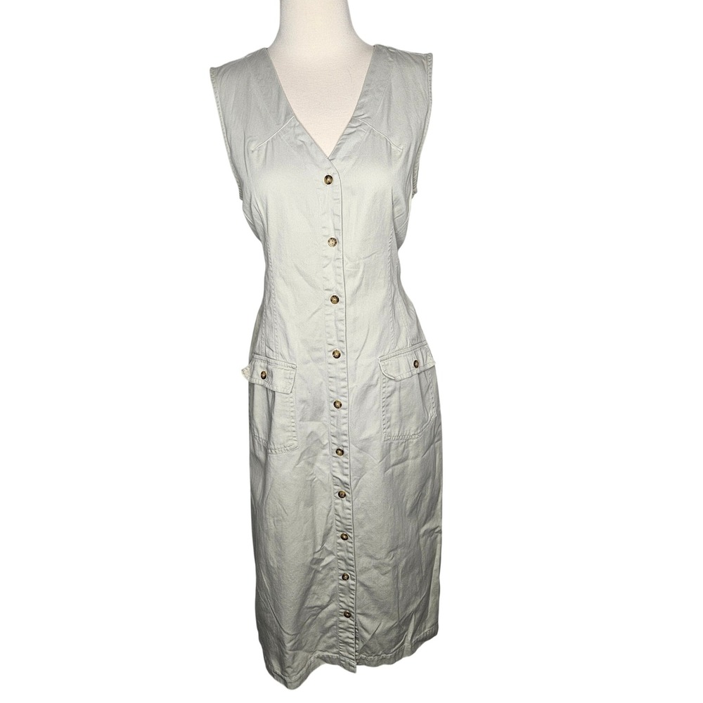 Faded Glory L Flax Button Front Midi Utility Dress 100% Cotton Vintage Y2K